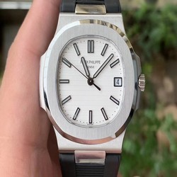 NAUTILUS 5711 RG GRF 1:1 BEST EDITION WHITE TEXTURED DIAL ON BLACK LEATHER STRAP 324CS