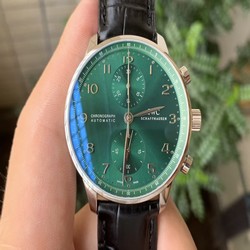 PORTUGIESER CHRONOGRAPH IW371615 YLF BEST EDITION GREEN DIAL ON BLACK LEATHER STRAP A7750 (SLIM MOVEMENT)