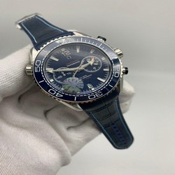 Om Seamaster Blue Dial Lither Blue Strap Chrono