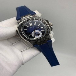 Patek Philippe Nautilus Engraved Silver Blue Dial Chrono
