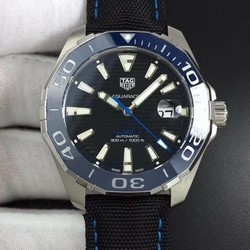 Aquaracer Calibre 5 SS 43mm OXF 1:1 Best Edition Ceramic Bezel Black Dial "Single Blue" on Nylon Strap SW200