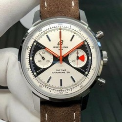 Top Time Chrono SS GF 1:1 Best Edition White Dial on Brown Leather Strap