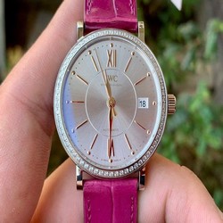 Portofino 37mm SS V7F 1:1 Best Edition White Dial Diamonds Bezel on Pink Leather